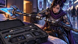 Comic-book-style illustration of a cosplayer in armored clothing assembling a glowing blue modular spear beside a foam-lined equipment case in a hotel room, with a convention hall visible behind her.