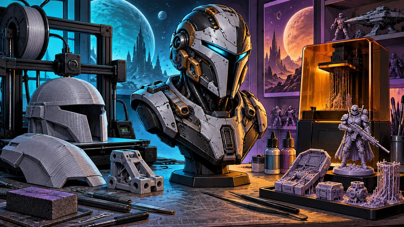 Wide sci-fi workshop scene showing an open-frame filament printer making a large gray helmet and armor parts, alongside an amber-covered resin printer producing small detailed miniatures and components. A large futuristic armored helmet bust stands at center, with tools, resin bottles, printed parts, and space-themed wall art around it.
