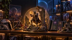 Cinematic hobby display shelf with a weathered sci-fi helmet, painted armored miniatures, a glowing fantasy diorama, an open binder of illustrated trading cards, and small terrain models under warm amber and blue lighting.