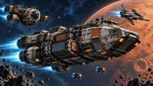 Comic-book-style space scene with a large weathered cargo spacecraft, smaller escort ships, blue engine trails, asteroids, and an orange planet.