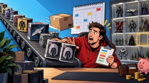 Comic-book-style scene of a worried man in a red hoodie reaching toward boxed collectibles moving on a conveyor belt, beside a calendar, checklist, display shelves of figures, a wallet, coins, and a piggy bank.