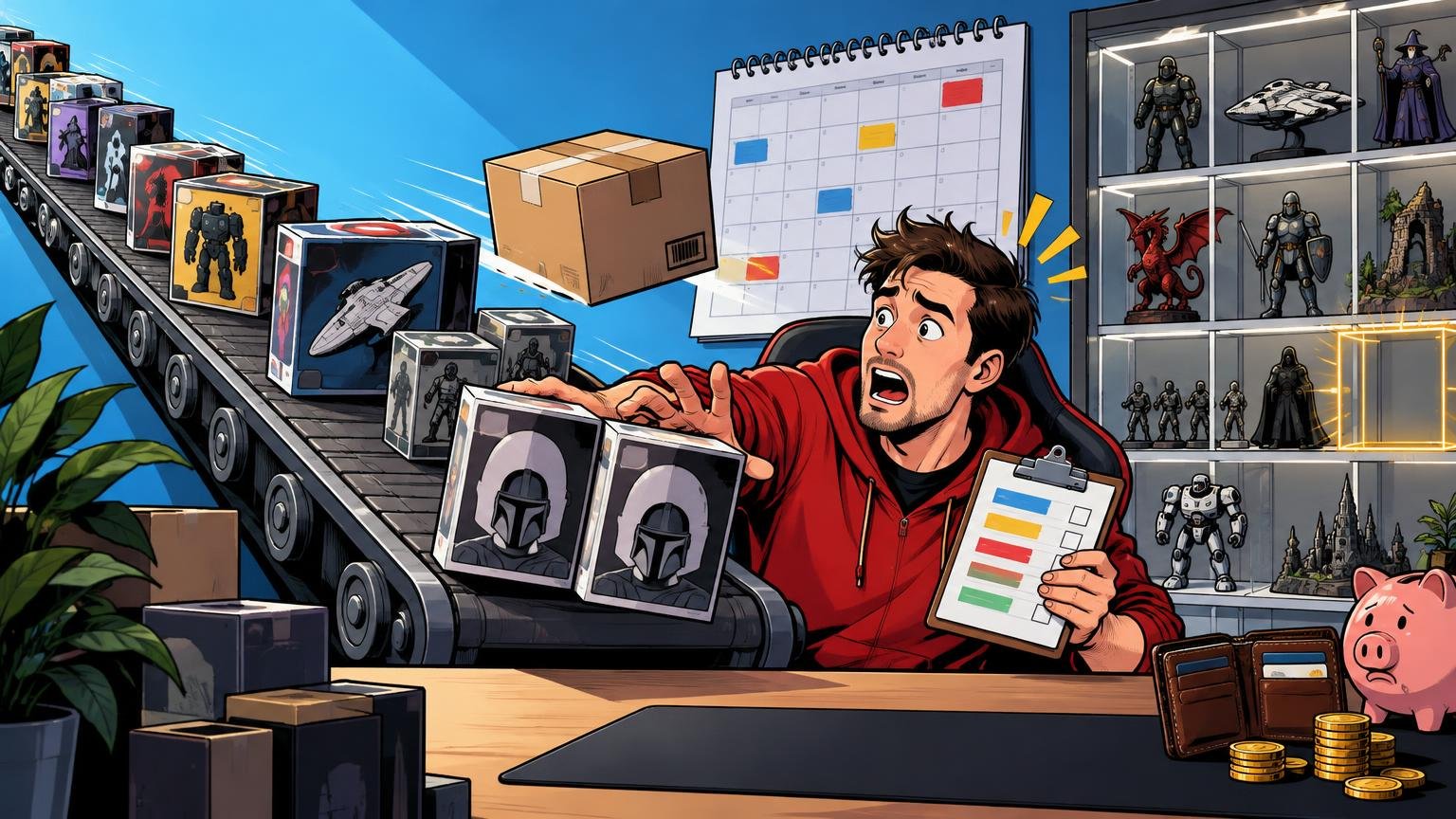Comic-book-style scene of a worried man in a red hoodie reaching toward boxed collectibles moving on a conveyor belt, beside a calendar, checklist, display shelves of figures, a wallet, coins, and a piggy bank.
