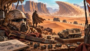 Comic-book-style desert workshop scene with a weathered futuristic helmet, ornate blade, miniature tracked vehicles, scattered mechanical parts, and a cloaked figure watching a convoy beneath a towering sand wave.