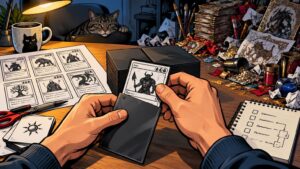 Comic-book-style illustration of hands sliding a black-and-white fantasy creature card into a dark sleeve at a cluttered desk with printed card sheets, scissors, stacks of cards, paintbrushes, a checklist notebook, coffee mug, and a cat in the background.