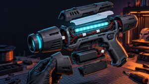 Comic-book-style exploded view of a futuristic handheld prop with cyan LED strips, red and black wiring, plug connectors, a removable battery pack, translucent diffuser pieces, and a gloved hand holding a detached panel on a workshop bench.