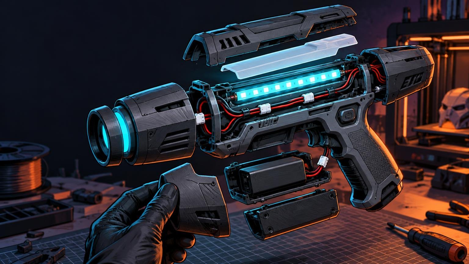 Comic-book-style exploded view of a futuristic handheld prop with cyan LED strips, red and black wiring, plug connectors, a removable battery pack, translucent diffuser pieces, and a gloved hand holding a detached panel on a workshop bench.