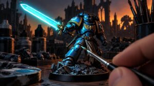Comic-style close-up of a hand painting a blue armored sci-fi miniature holding a brightly glowing cyan sword, with paint bottles and a ruined city backdrop.