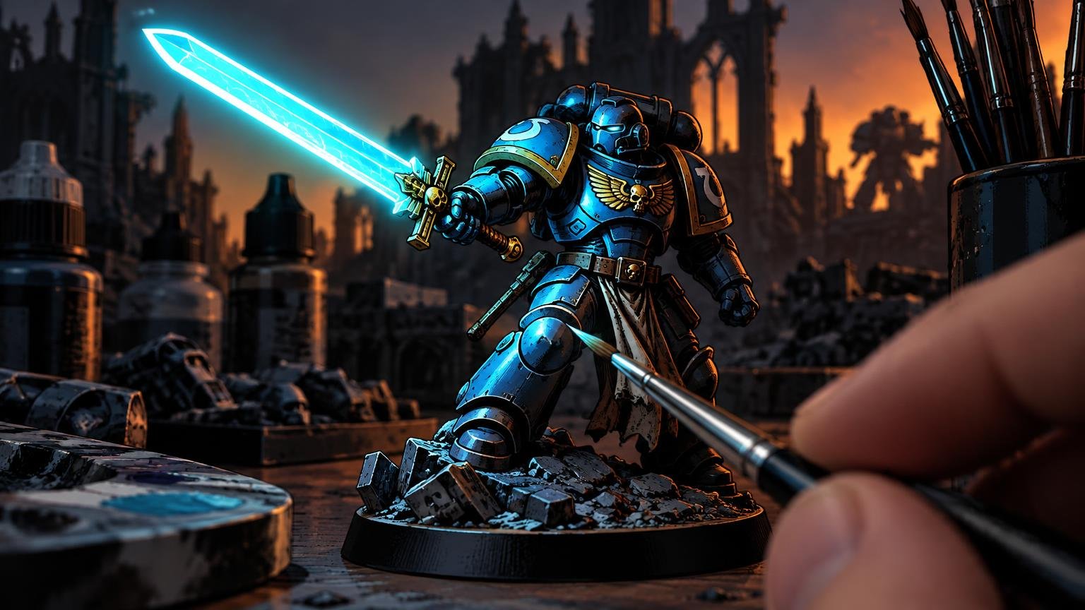 Comic-style close-up of a hand painting a blue armored sci-fi miniature holding a brightly glowing cyan sword, with paint bottles and a ruined city backdrop.
