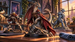 Three detailed fantasy and sci-fi collectible figures displayed on bases in a warmly lit studio: an armored character with a blaster, a large dragon in a red cape, and a blue horned creature near a window.