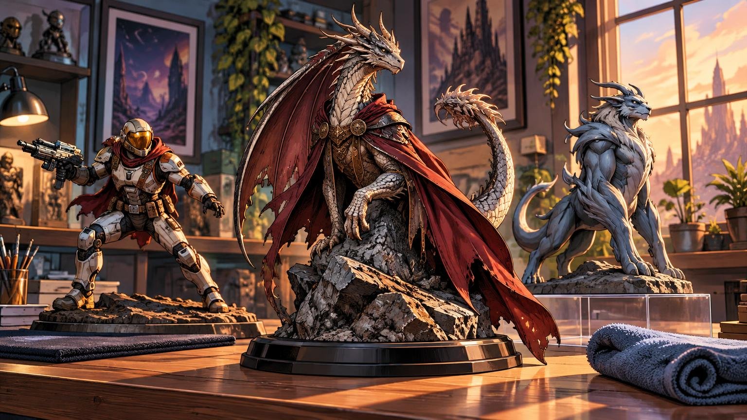 Three detailed fantasy and sci-fi collectible figures displayed on bases in a warmly lit studio: an armored character with a blaster, a large dragon in a red cape, and a blue horned creature near a window.