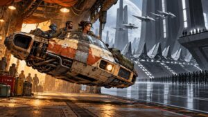 Comic-book-style sci-fi hangar scene contrasting a worn orange-and-white rebel hovercraft carrying three people with a vast gray imperial base, rows of uniformed soldiers, angular parked fighters, and towering architecture.