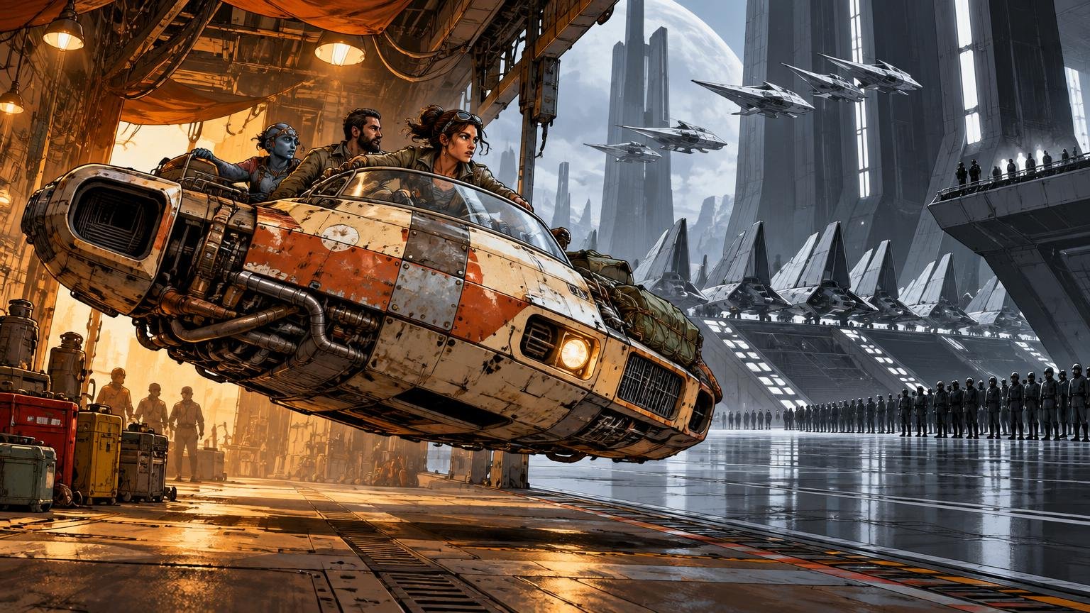 Comic-book-style sci-fi hangar scene contrasting a worn orange-and-white rebel hovercraft carrying three people with a vast gray imperial base, rows of uniformed soldiers, angular parked fighters, and towering architecture.